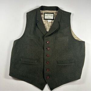 ORVIS Wool/Linen Herringbone Tweed Green Vest Button Belted Western Mens XL USA